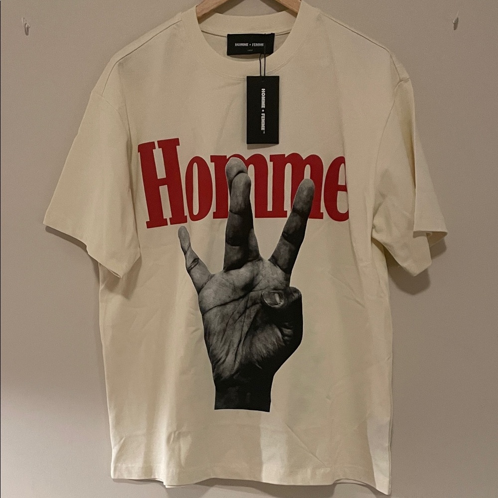 Homme + Femme Men's Short Sleeve Tee in Off-White with Red Print